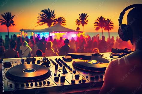dj mixing outdoor at beach party festival with crowd of people in background summer nightlife