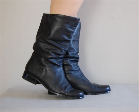 vintage slouchy black mid calf leather boots etsy