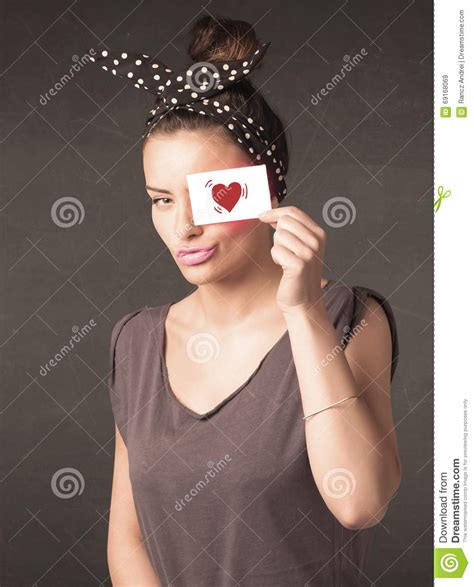 Pretty Girl Holding Paper With Red Heart Drawing Stock Image Image Of