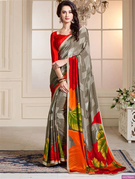 Multicolor Crepe Silk Saree With Red Blouse Saree Trends Crepe Silk Sarees Clothes For Women