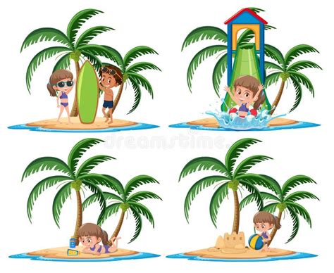 Group Of Kids Vacation Activities On The Tropical Island Cartoon