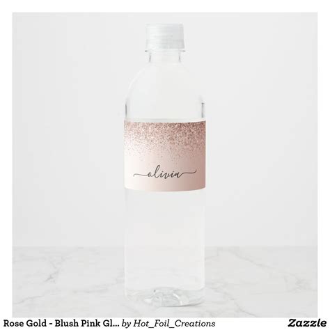 Rose Gold Blush Pink Glitter Metal Monogram Name Water Bottle Label