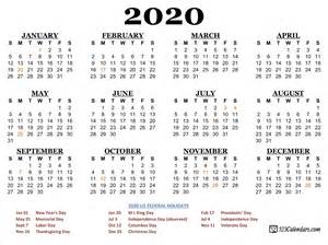 2020 Calendar With Usa Legal Holidays Calendar Template Printable