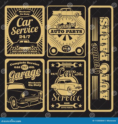 Retro Car Service And Garage Labels Design Stock Vector Illustration