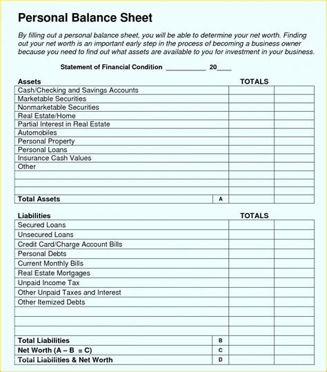 Free Printable Balance Sheet Template Of Personal And Small Business