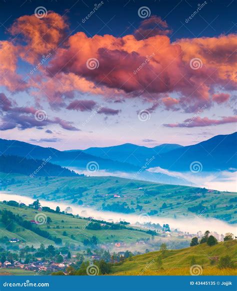 Foggy Summer Morning In The Mountain Village Stock Image Image Of