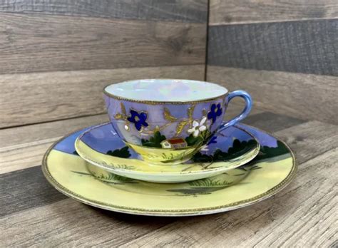 Vintage Japanese Lusterware Set Tea Cup Saucer Plate Blue Yellow Gold Picclick