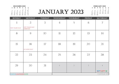 Calendar January 2023 With Holidays Pdf And Image