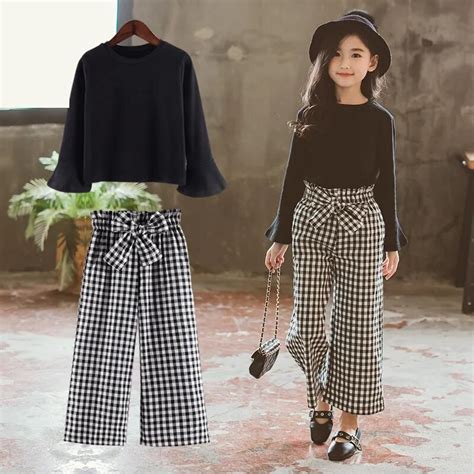 Fashion Clothing Sets For Girls Black Tops Grid Style Wide Legged Pants