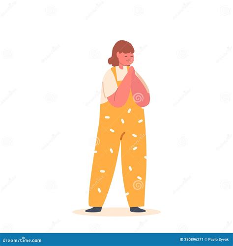 Innocent Child Girl Character Praying with Closed Eyes, Hands Clasped