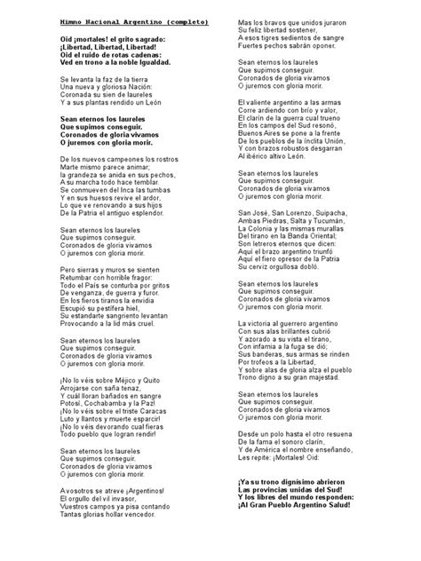 Himno Nacional Argentino Completo Pdf Entretenimiento General