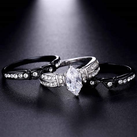 Mabella Black Wedding Band Engagement Ring Set Stainless Steel Marquise Cubic Zirconia For Women