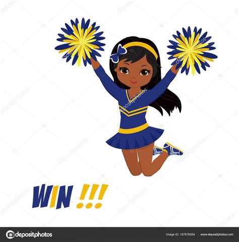 Cheerleader In Blue And Yellow Uniform With Pom Poms Vector Illustration Isolated On White