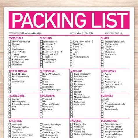 Modern Bright Pink Printable Packing List 85x11 Etsy Printable