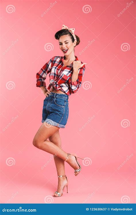 Full Length Portrait Of A Happy Beautiful Brunette Pin Up Woman Stock