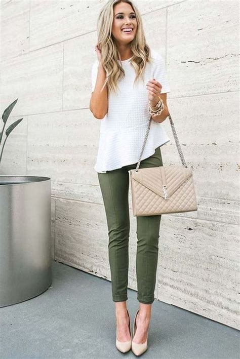 Professional Casual Style Woman Fashion Outfit Green Trousers White