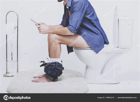 Young Man Using Laptop Toilet Man Sitting Working Tablet Stock Photo By