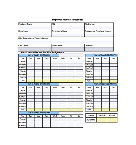 Employee Monthly Timesheet Free Printable