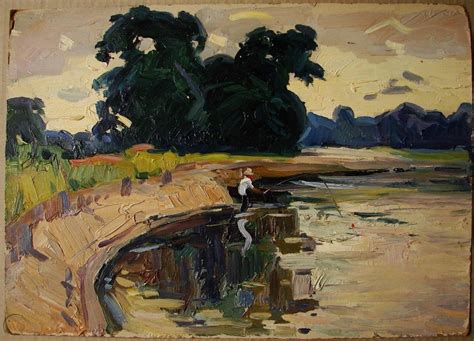 Russian Ukrainian Soviet Oil Painting Impressionism Landscape Fisherman