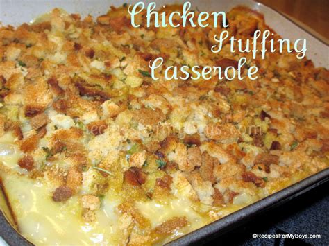 Pour this mixture into a large casserole dish. Recipes For My Boys: Chicken Stuffing Casserole