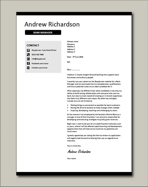 A Professional Bank Manager Cover Letter That Will Go With A Cv For A