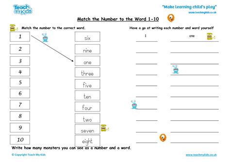 We have been working in the garden for three hours. Match the Number to the Word 1-10 - TMK Education