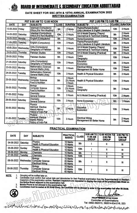 Bise Abbottabad Board 10th Class Date Sheet 2024