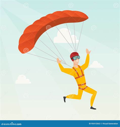 Young Caucasian Skydiver Flying With A Parachute Stock Vector