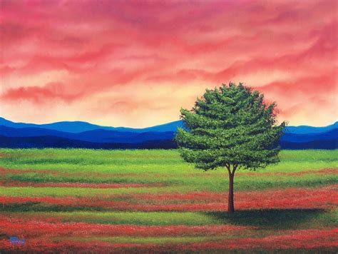Bing Art By Rachel Bingaman Red Sunset Painting Green Tree Painting