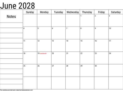 June 2028 Calendar With Notes And Holidays Handy Calendars