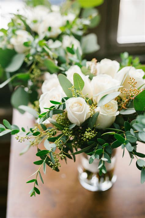 White And Green Wedding Flowers White Roses And Greenery Simple