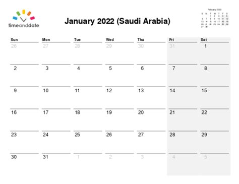 Printable Monthly Calendar — Saudi Arabia — January 2022