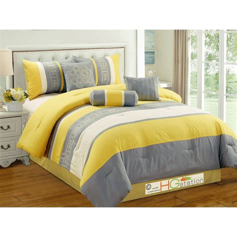 7 Pc Greek Key Meander Motif Embroidery Pleated Comforter Set Yellow