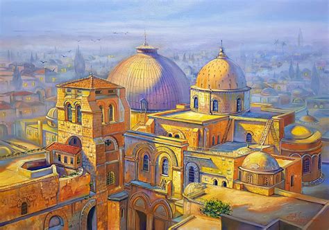 Original Oil Painting Sunrise Over The Church Of The Holy Sepulchre In The Christian Quarter Of