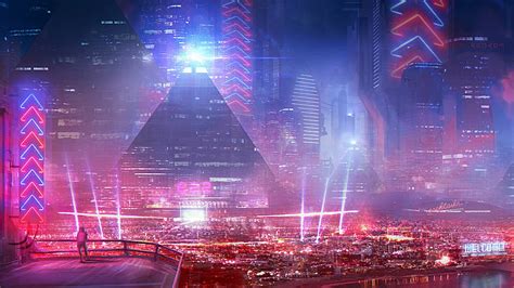 Cyberpunk City Futuristic Neon Lights Buildings Aircrafts Fantasy