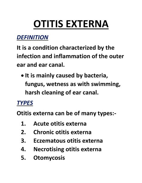 Otitis Externa Lecture Notes Otitis Externa Definition It Is A
