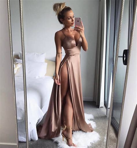 Sexy Champagne Party Dresses Spaghettis Straps Side Slits Formal