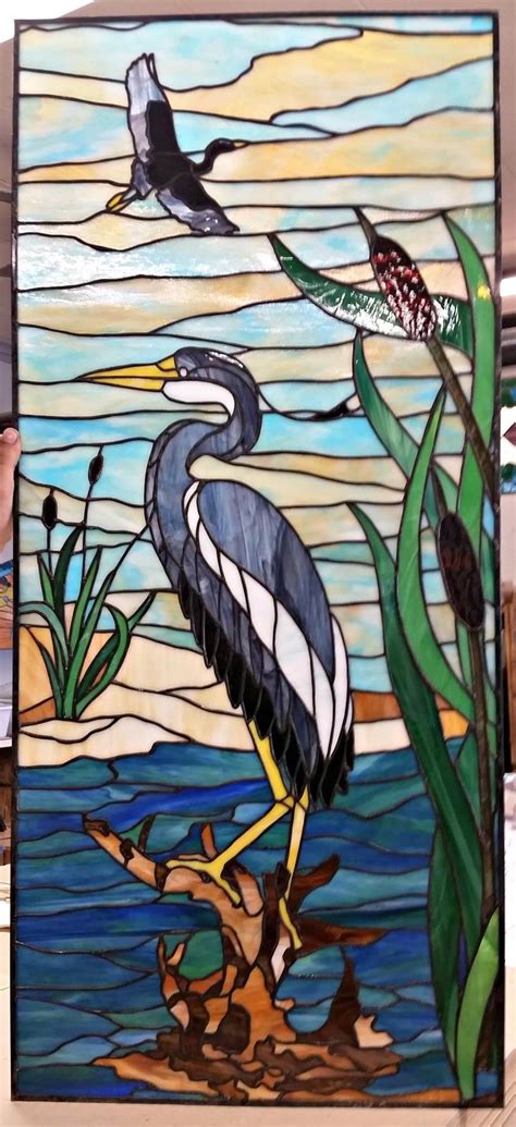 d 38 scenic heron on a stump stained glass door window etsy stained