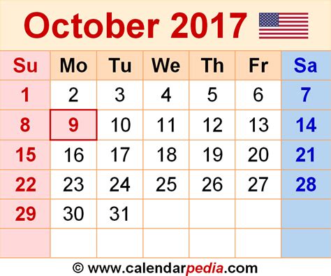 October 2017 Calendar Templates For Word Excel And Pdf