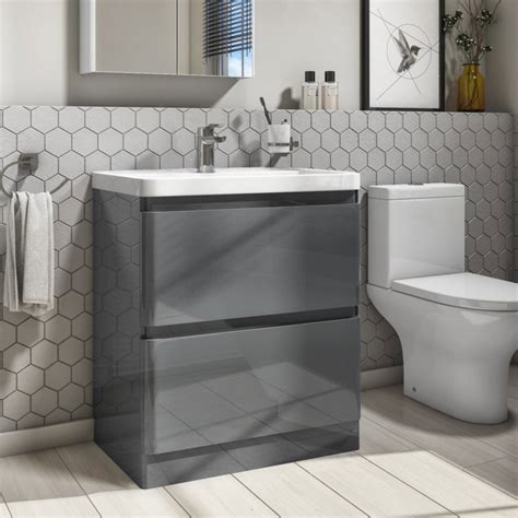 800mm Dark Grey Gloss Floor Standing 2 Drawer Vanity Unit With Basin