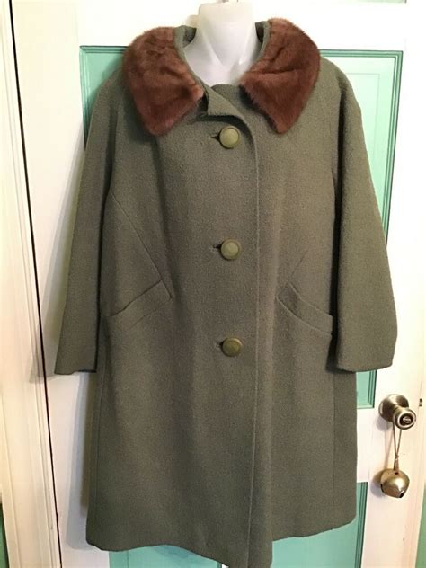 Vintage 1950 Womens Wool Coat Mink Fur Collar Green Swing Jacket Lined