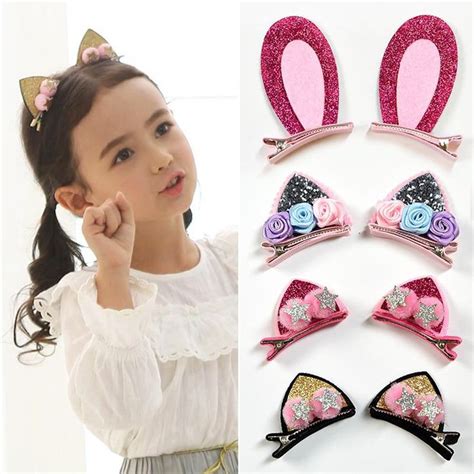 2pcs Set Cute Hair Clips For Girls Glitter Rainbow Felt Fabric Flowers Hairpins Cat Ears Bunny