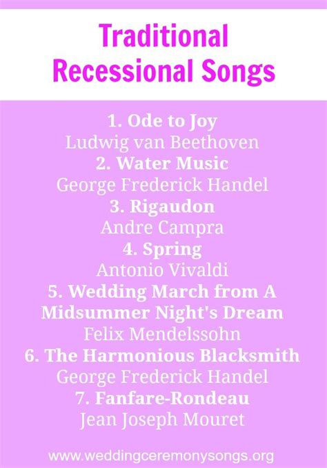 Recessional songs are an important choice for weddings because they set they conclude the solemnity of the wedding ceremony and condition the mood for the next part of the celebration, so make no mistake when it comes to these songs. Recessional Songs | Bride entrance songs, Wedding reception music, Recessional songs