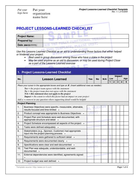 Lessons Learned Checklist Template Production And Manufacturing