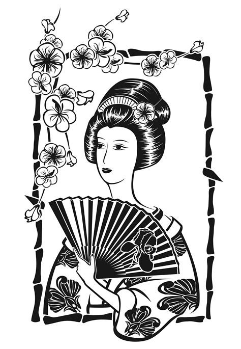 Japanese cherry blossom coloring pages nature cherry blossoms image. Japan geisha with fan - Japan Adult Coloring Pages - Page 2
