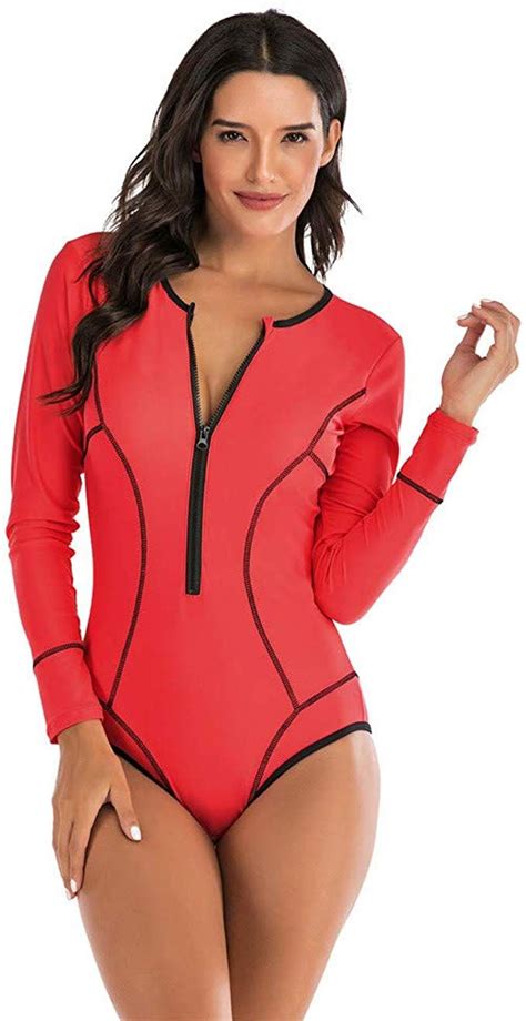 Funic Womens One Piece Long Sleeve Rash Guard Uv Protection Printed Surfing Wetsuit Swimsuit
