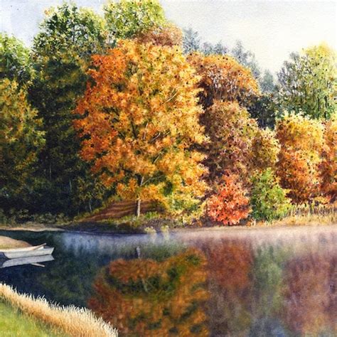 Autumn Lake Watercolor Painting Print By Cathy Hillegas 8x10 Etsy