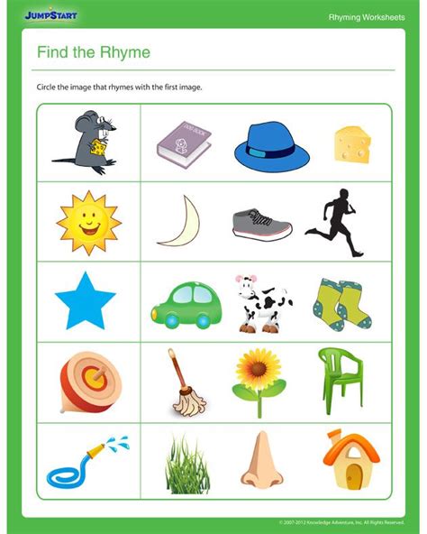 Print worksheets on interesting topics to improve your english. Find the Rhyme - Rhyming Worksheet for Kindergarten ...