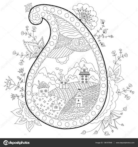 Mooi dorp in paisley frame met bloemmotief. Kleurplaat boeken anti
