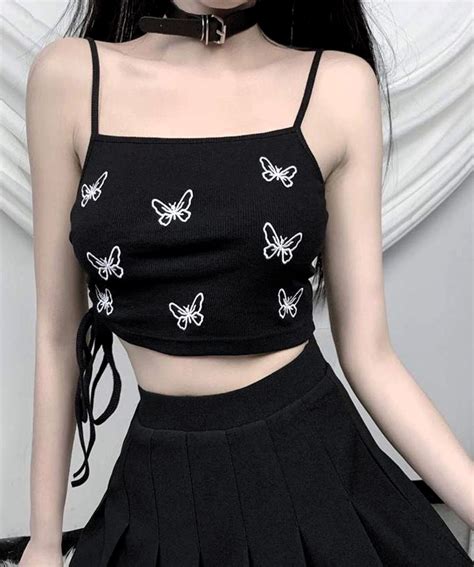 butterflies black tank top top streetwear crop tops women tank tops